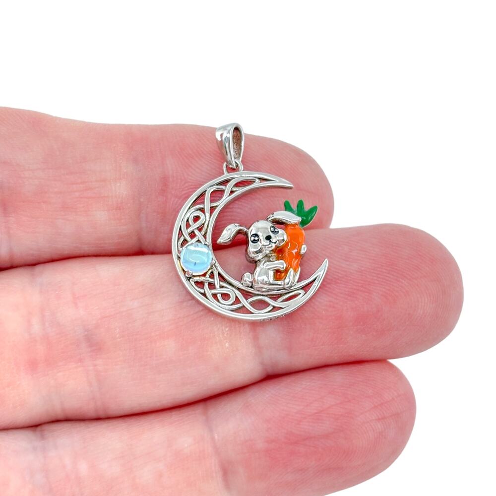 Vintage Sterling Silver 925 Moonstone Rabbit Moon Carrot Pendant